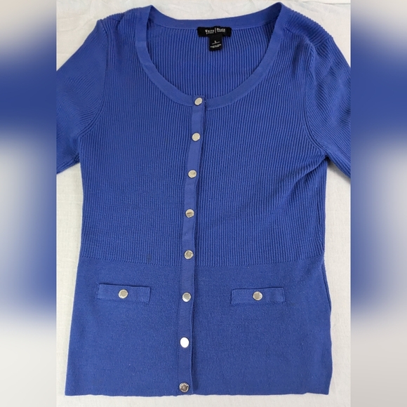 White House Black Market Ribbed Cobalt Blue Cardigan Front Snap Large - Picture 1 of 7